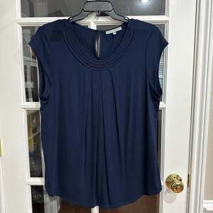 Daniel Rainn Navy Blue Pleated Neckline Cap Sleeve Blouse - Size 2X